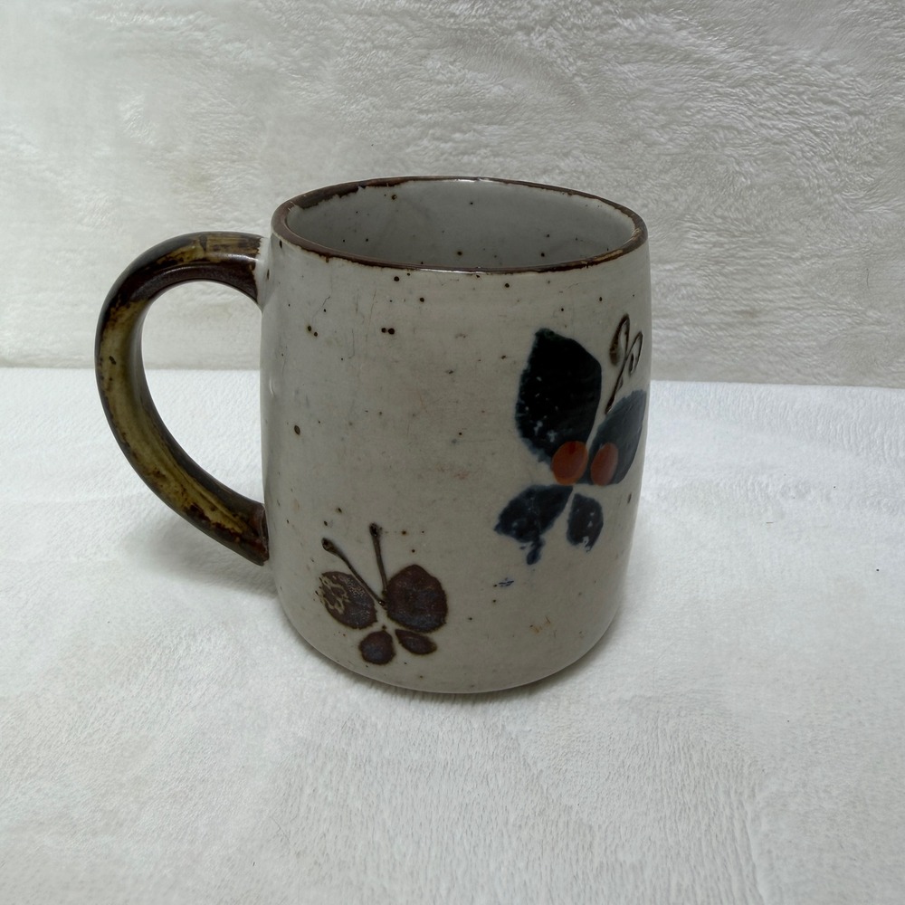 Vintage Speckled Stoneware Butterfly Coffee Mug Hand Painted Rustic Cream Brown